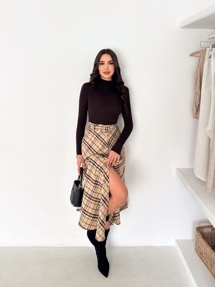 Kadın Önden Düğmeli Ekose Desenli Klasik Kesim Çan Etek 2608 XL - EKOSE DESNELİ 1