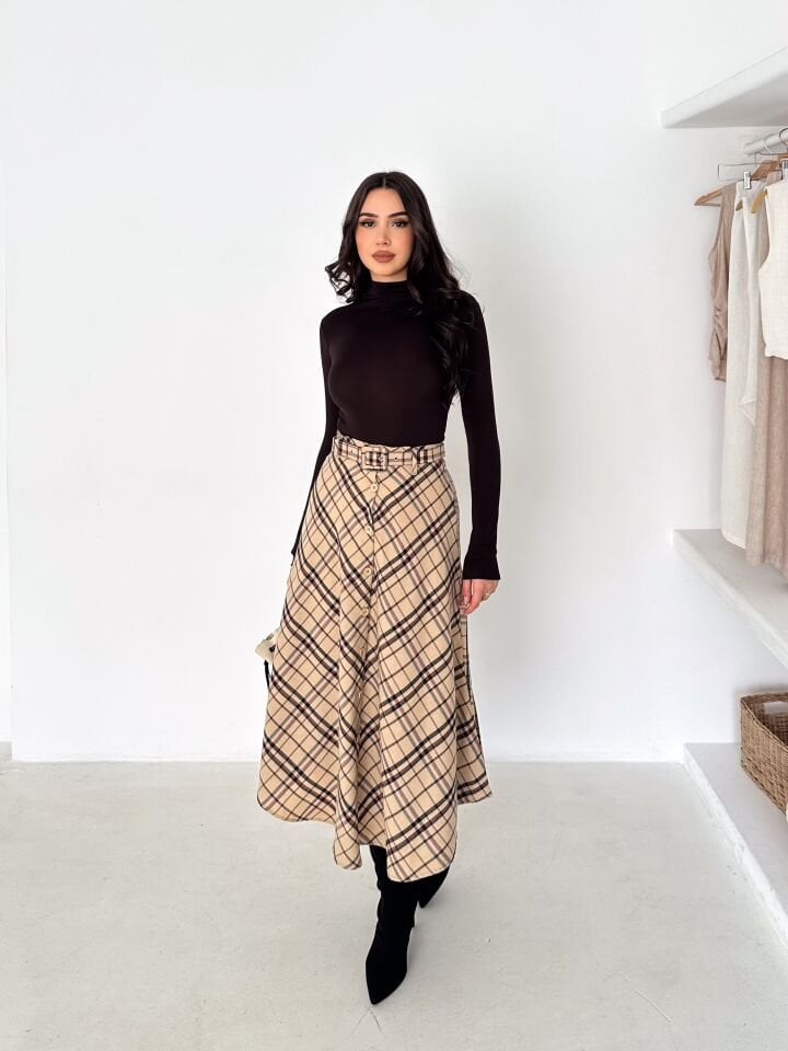 Kadın Önden Düğmeli Ekose Desenli Klasik Kesim Çan Etek 2608 XL - EKOSE DESNELİ 1