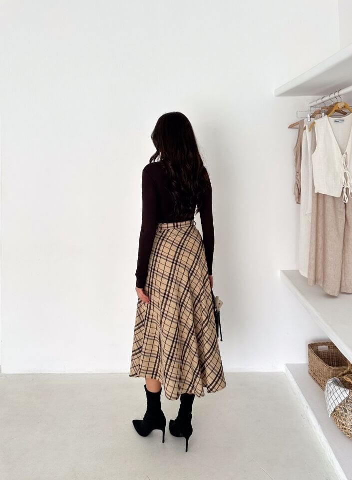 Kadın Önden Düğmeli Ekose Desenli Klasik Kesim Çan Etek 2608 XL - EKOSE DESNELİ 1