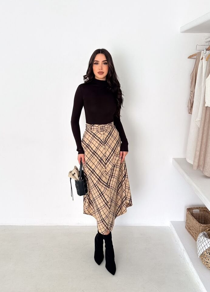 Kadın Önden Düğmeli Ekose Desenli Klasik Kesim Çan Etek 2608 XL - EKOSE DESNELİ 1