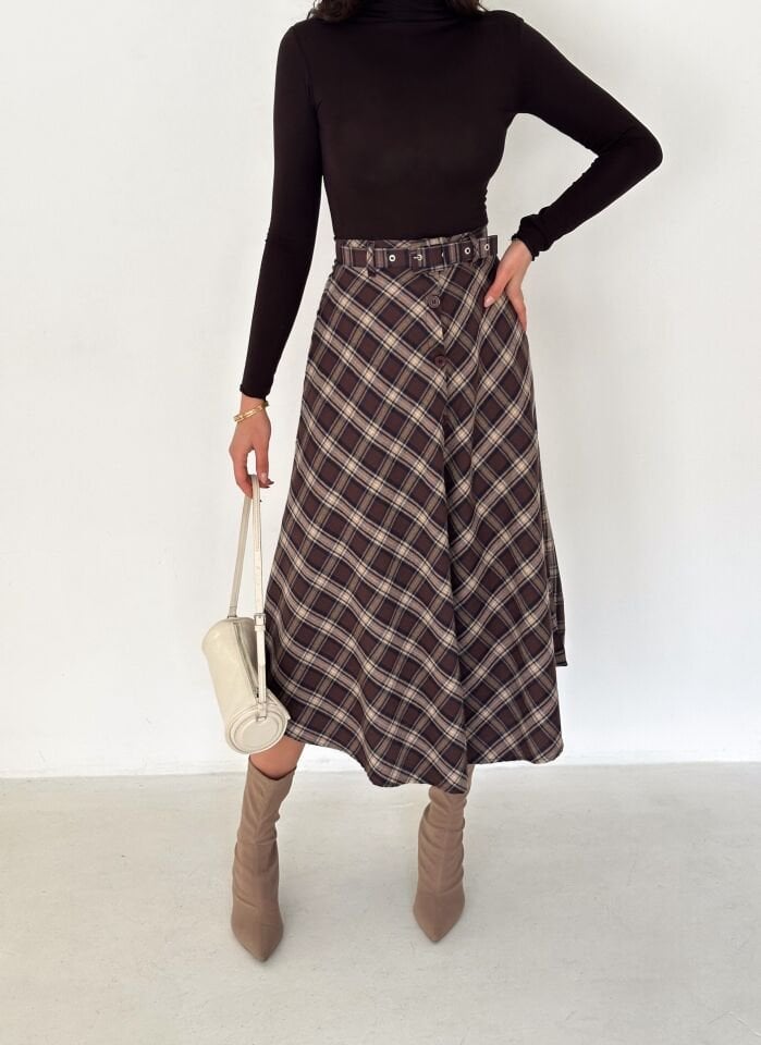 Kadın Önden Düğmeli Ekose Desenli Klasik Kesim Çan Etek 2608 S - EKOSE DESENLİ 3