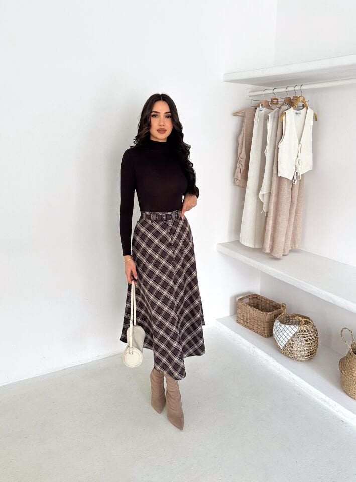 Kadın Önden Düğmeli Ekose Desenli Klasik Kesim Çan Etek 2608 S - EKOSE DESENLİ 3