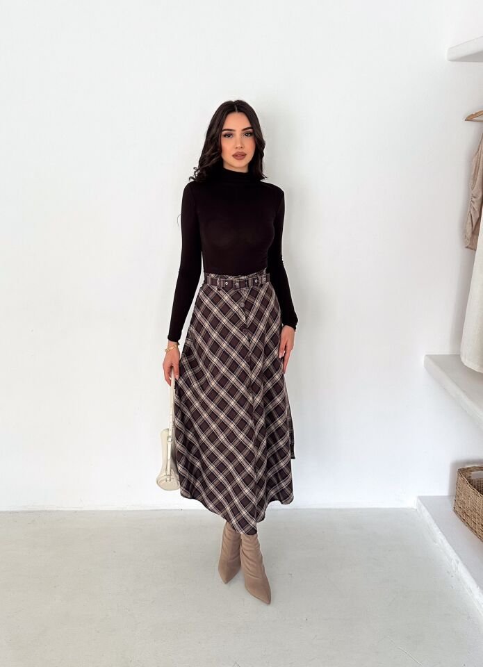 Kadın Önden Düğmeli Ekose Desenli Klasik Kesim Çan Etek 2608 M - EKOSE DESENLİ 3