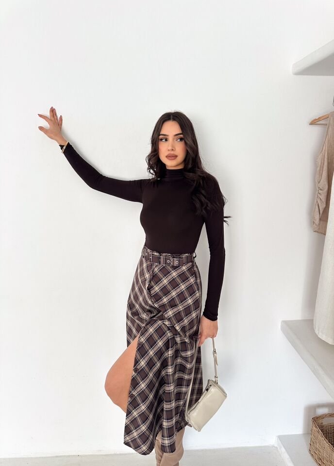 Kadın Önden Düğmeli Ekose Desenli Klasik Kesim Çan Etek 2608 L - EKOSE DESENLİ 3