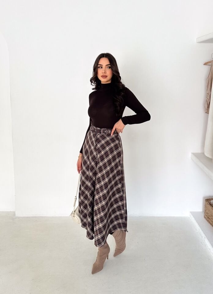 Kadın Önden Düğmeli Ekose Desenli Klasik Kesim Çan Etek 2608 XL - EKOSE DESENLİ 3