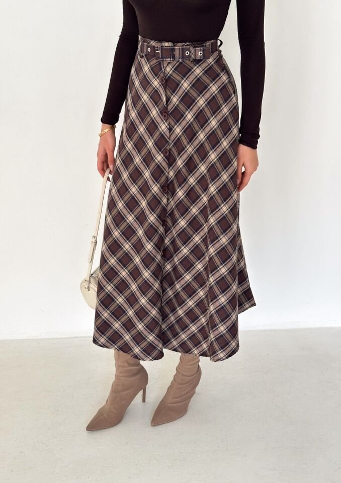 Kadın Önden Düğmeli Ekose Desenli Klasik Kesim Çan Etek 2608 XL - EKOSE DESENLİ 3