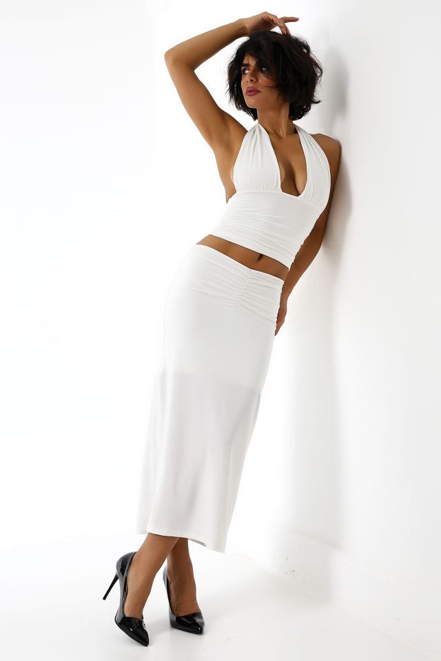 ÖN DRAPELİ UZUN ETEK 82 CM /ÖN BÜZGÜLÜ ETEK / DRAPED LONG SKIRT XL - BEYAZ