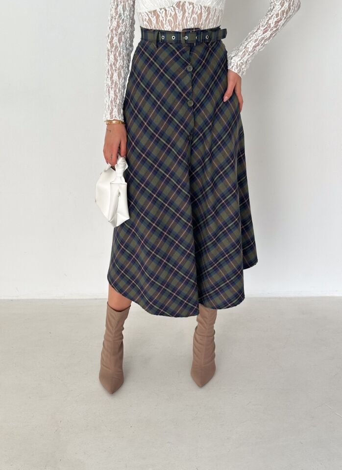 Kadın Önden Düğmeli Ekose Desenli Klasik Kesim Çan Etek 2608 L - EKOSE DESENLİ 4