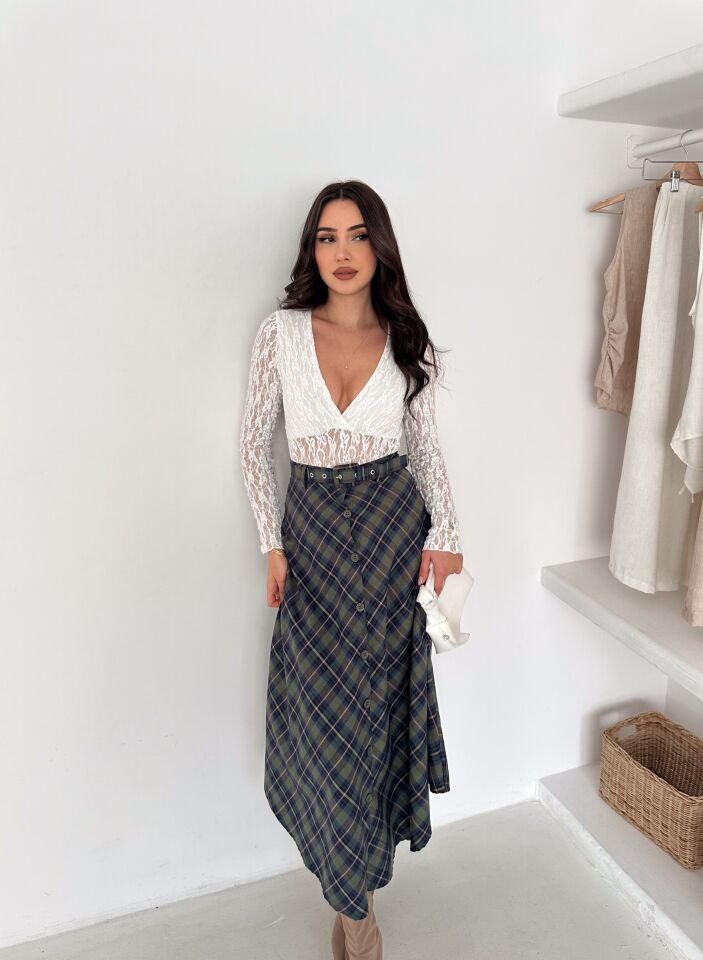 Kadın Önden Düğmeli Ekose Desenli Klasik Kesim Çan Etek 2608 L - EKOSE DESENLİ 4