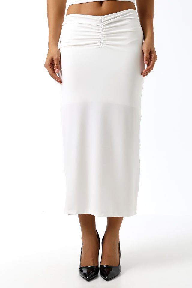 ÖN DRAPELİ UZUN ETEK 82 CM /ÖN BÜZGÜLÜ ETEK / DRAPED LONG SKIRT S - BEYAZ
