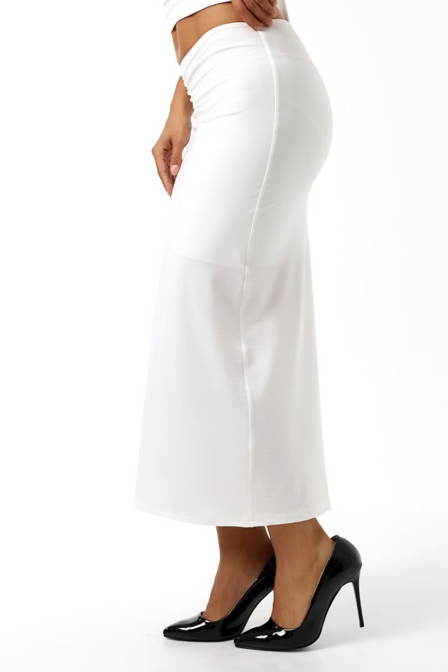 ÖN DRAPELİ UZUN ETEK 82 CM /ÖN BÜZGÜLÜ ETEK / DRAPED LONG SKIRT S - BEYAZ