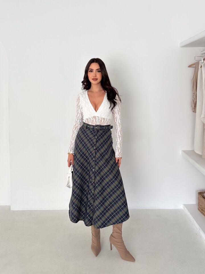 Kadın Önden Düğmeli Ekose Desenli Klasik Kesim Çan Etek 2608 XL - EKOSE DESENLİ 4