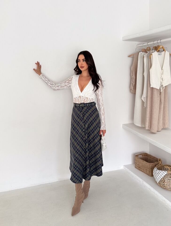 Kadın Önden Düğmeli Ekose Desenli Klasik Kesim Çan Etek 2608 XL - EKOSE DESENLİ 4