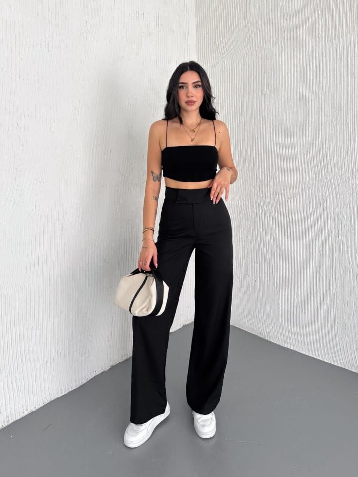 CIRTLI KUMAŞ PANTOLON / KADIN KUMAŞ PANTOLON GENİŞ PAÇA SİYAH RENGİ XL