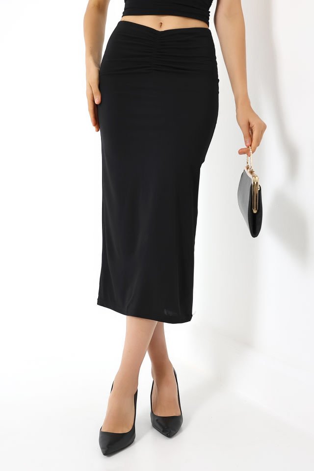 ÖN DRAPELİ UZUN ETEK 82 CM /ÖN BÜZGÜLÜ ETEK / DRAPED LONG SKIRT XL - SİYAH