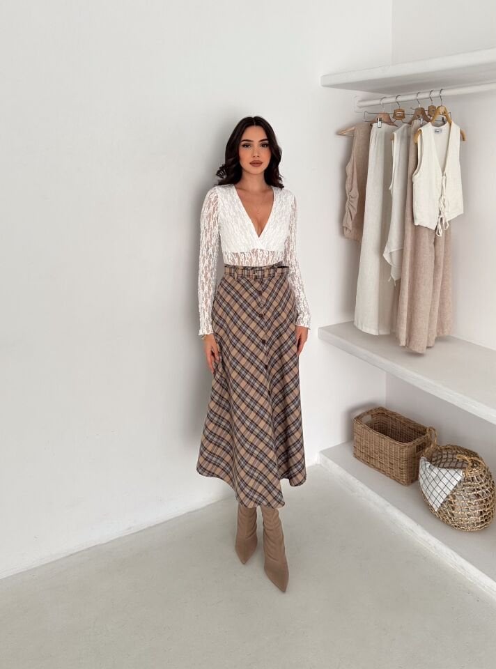 Kadın Önden Düğmeli Ekose Desenli Klasik Kesim Çan Etek 2608 L - EKOSE DENDELİ 2