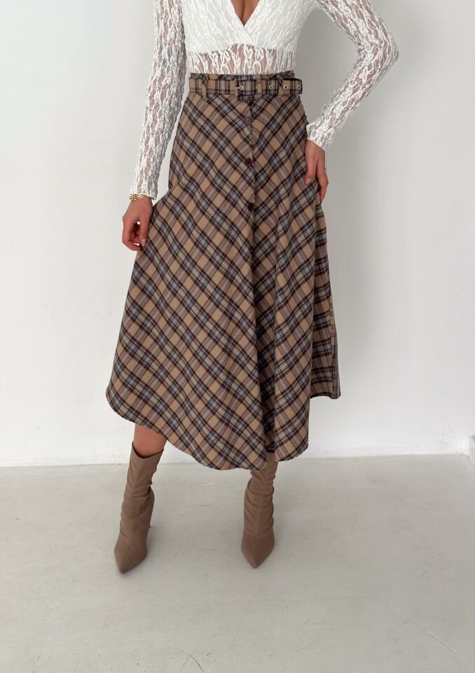 Kadın Önden Düğmeli Ekose Desenli Klasik Kesim Çan Etek 2608 L - EKOSE DENDELİ 2