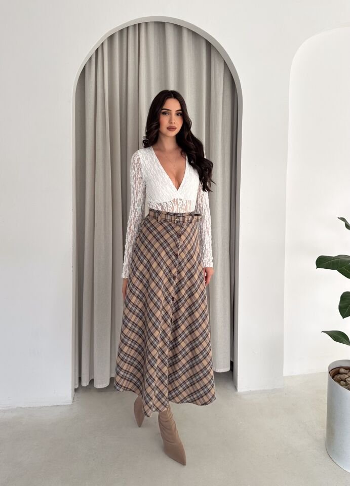 Kadın Önden Düğmeli Ekose Desenli Klasik Kesim Çan Etek 2608 L - EKOSE DENDELİ 2