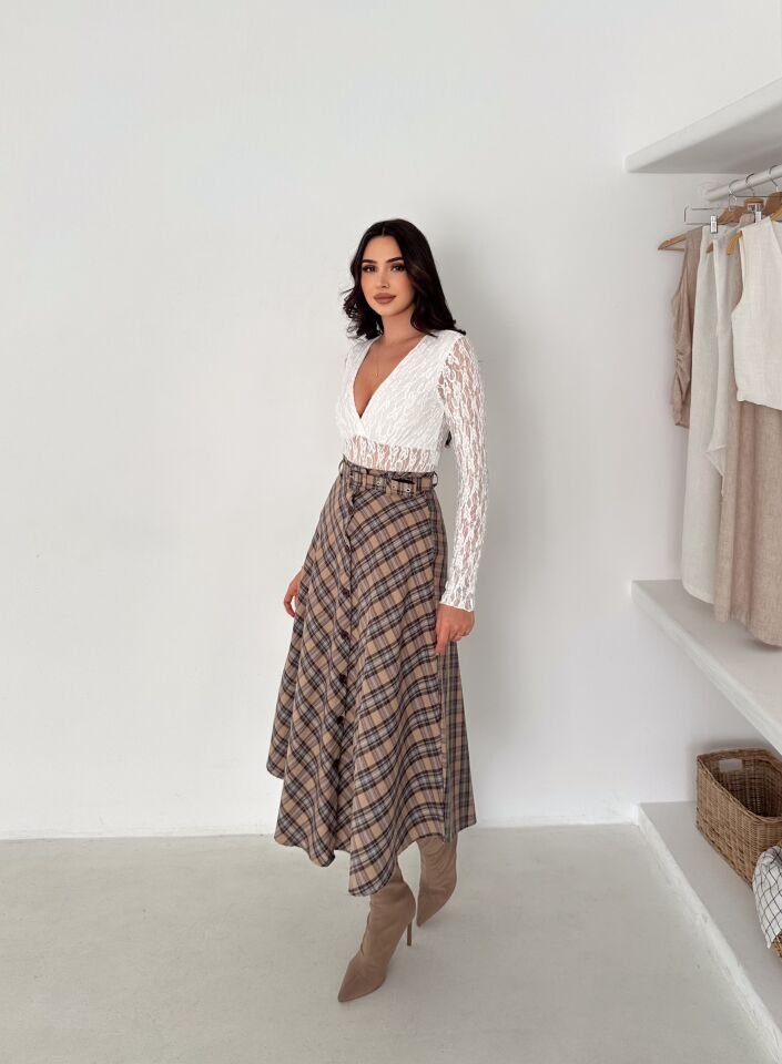 Kadın Önden Düğmeli Ekose Desenli Klasik Kesim Çan Etek 2608 L - EKOSE DENDELİ 2