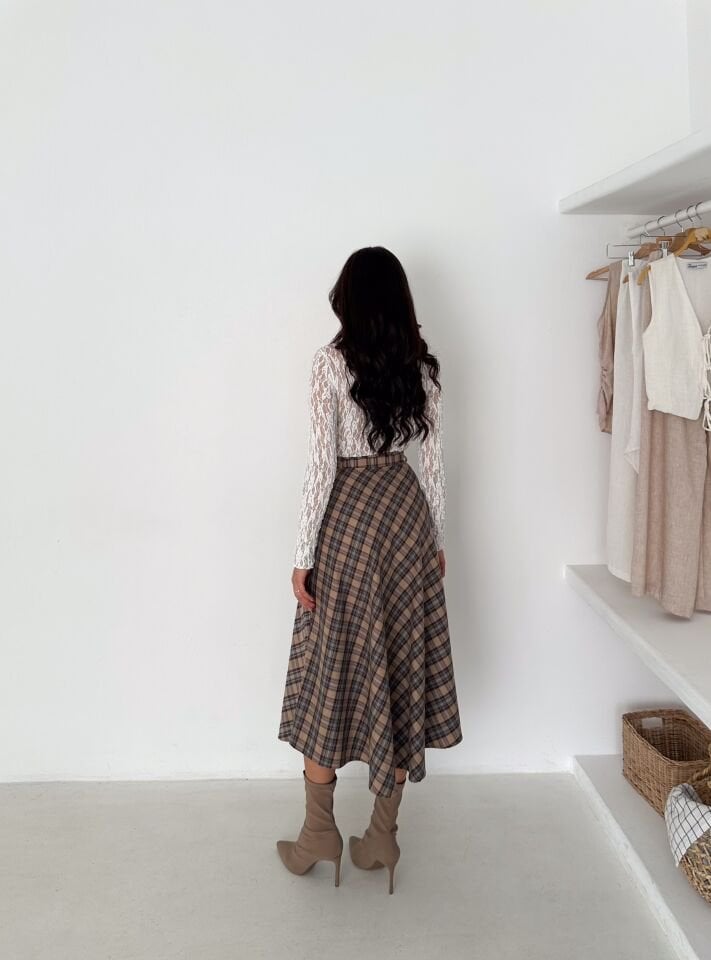 Kadın Önden Düğmeli Ekose Desenli Klasik Kesim Çan Etek 2608 XL - EKOSE DENDELİ 2