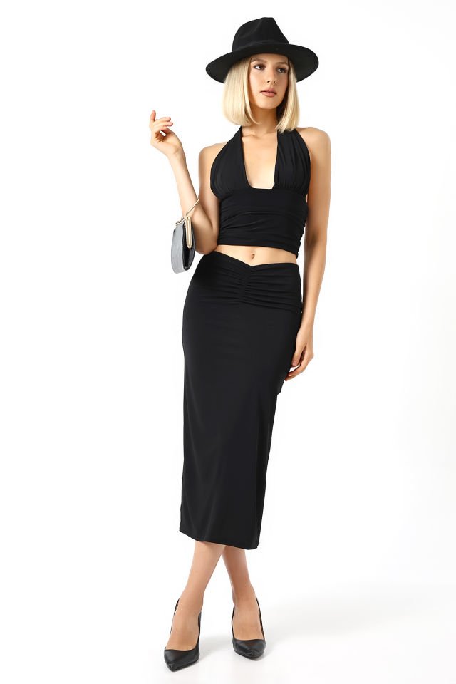 ÖN DRAPELİ UZUN ETEK 82 CM /ÖN BÜZGÜLÜ ETEK / DRAPED LONG SKIRT S - SİYAH