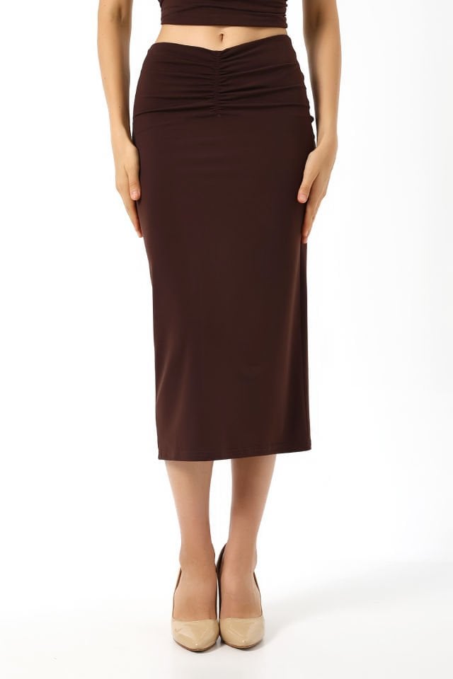 Kadın 82cm Ön Drapeli Uzun Etek 2XL - KOYU KAHVE