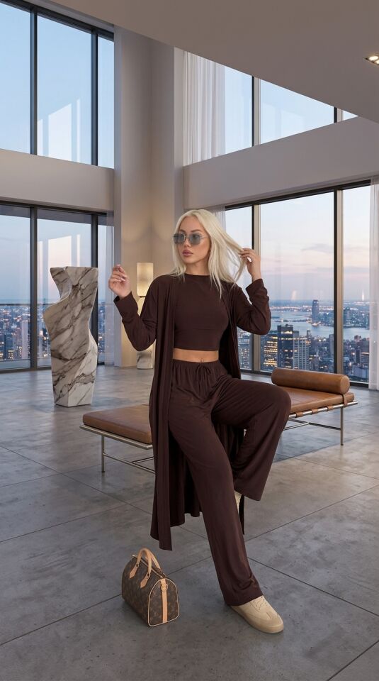 Kadın Kahverengi Sandy Kumaş 3'lü Takım - Hırka Crop T-Shirt Bol Paça Pantolon Kombin Set-2711 KAHVE - M