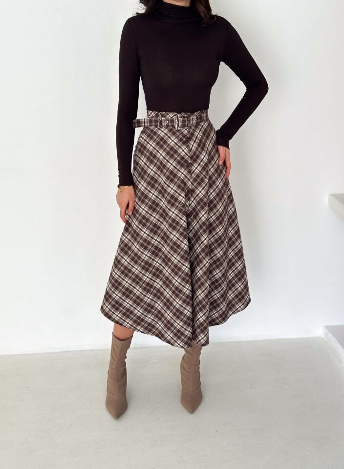 Kadın Önden Düğmeli Ekose Desenli Klasik Kesim Çan Etek 2608 L - EKOSE DESENLİ 5