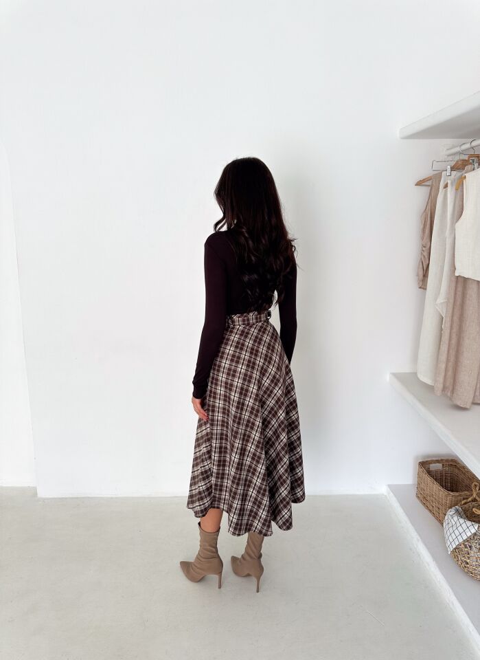 Kadın Önden Düğmeli Ekose Desenli Klasik Kesim Çan Etek 2608 L - EKOSE DESENLİ 5