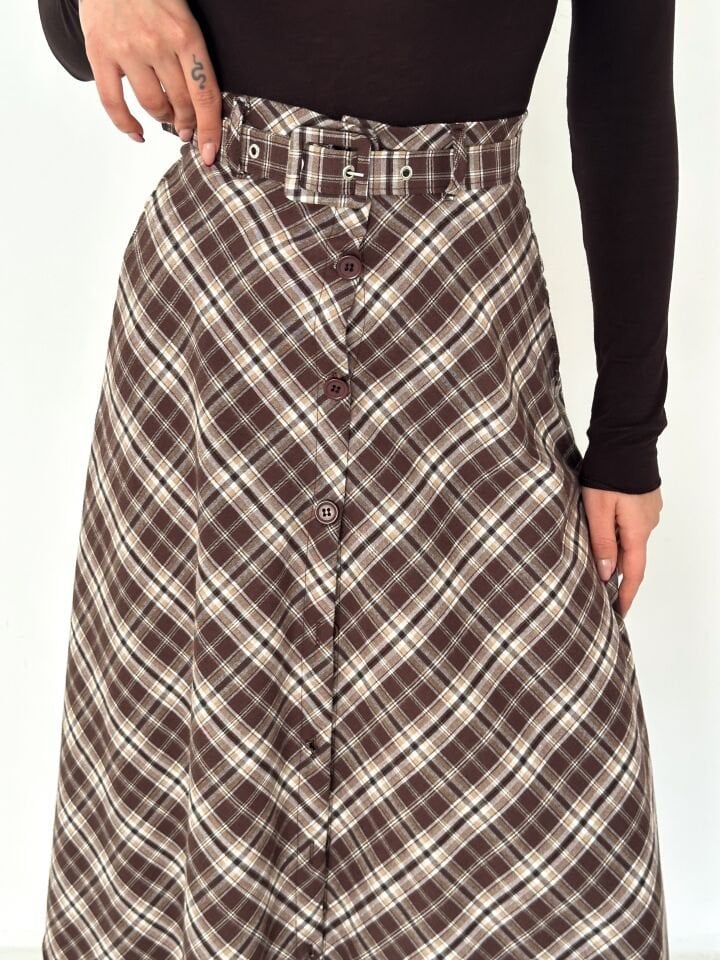 Kadın Önden Düğmeli Ekose Desenli Klasik Kesim Çan Etek 2608 XL - EKOSE DESENLİ 5