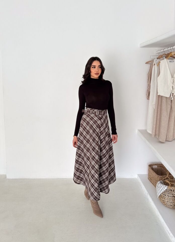 Kadın Önden Düğmeli Ekose Desenli Klasik Kesim Çan Etek 2608 XL - EKOSE DESENLİ 5