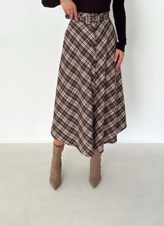 Kadın Önden Düğmeli Ekose Desenli Klasik Kesim Çan Etek 2608 XL - EKOSE DESENLİ 5