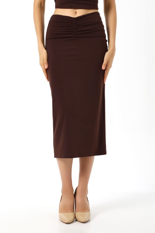 ÖN DRAPELİ UZUN ETEK 82 CM /ÖN BÜZGÜLÜ ETEK / DRAPED LONG SKIRT S - KOYU KAHVE