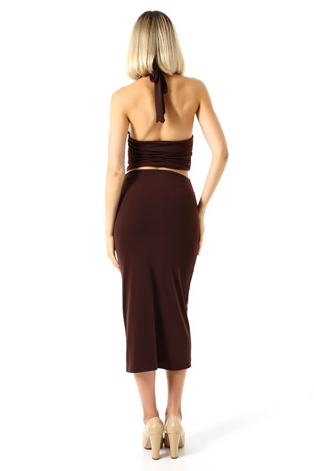 ÖN DRAPELİ UZUN ETEK 82 CM /ÖN BÜZGÜLÜ ETEK / DRAPED LONG SKIRT S - KOYU KAHVE