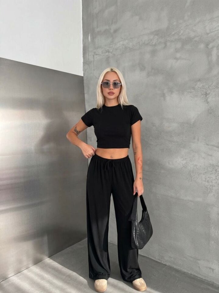 Kadın Kahverengi Sandy Kumaş 3'lü Takım - Hırka Crop T-Shirt Bol Paça Pantolon Kombin Set-2711 SİYAH - XL