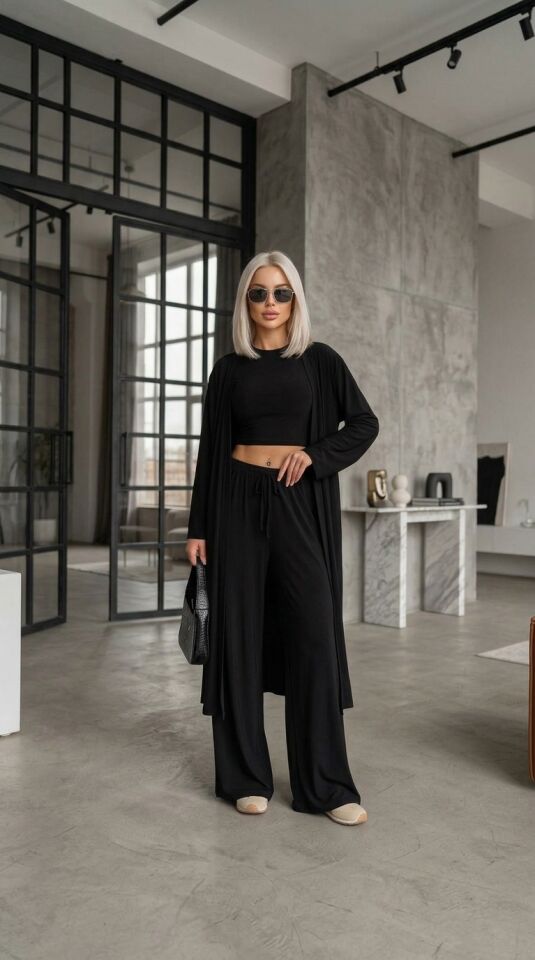Kadın Kahverengi Sandy Kumaş 3'lü Takım - Hırka Crop T-Shirt Bol Paça Pantolon Kombin Set-2711 SİYAH - XL