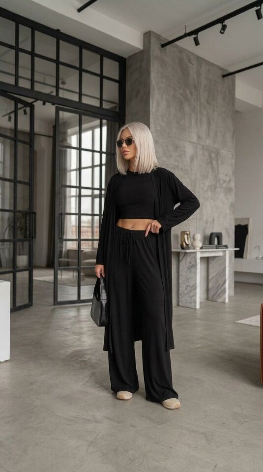 Kadın Kahverengi Sandy Kumaş 3'lü Takım - Hırka Crop T-Shirt Bol Paça Pantolon Kombin Set-2711 SİYAH - XL