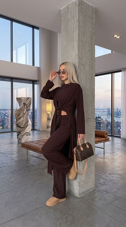 Kadın Kahverengi Sandy Kumaş 3'lü Takım - Hırka Crop T-Shirt Bol Paça Pantolon Kombin Set-2711 KAHVE - XL
