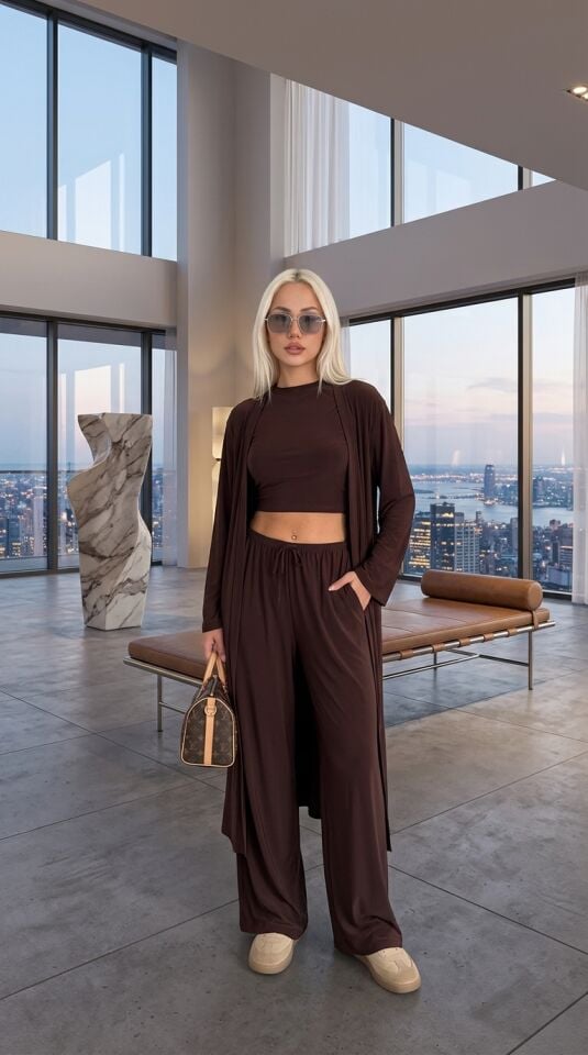 Kadın Kahverengi Sandy Kumaş 3'lü Takım - Hırka Crop T-Shirt Bol Paça Pantolon Kombin Set-2711 KAHVE - XL