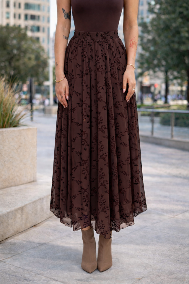 Kadın Günlük ve Tesettüre Uygun Uzun Basklı ve Likralı Uzun Tül Etek 2611 S - KAHVERENGİ