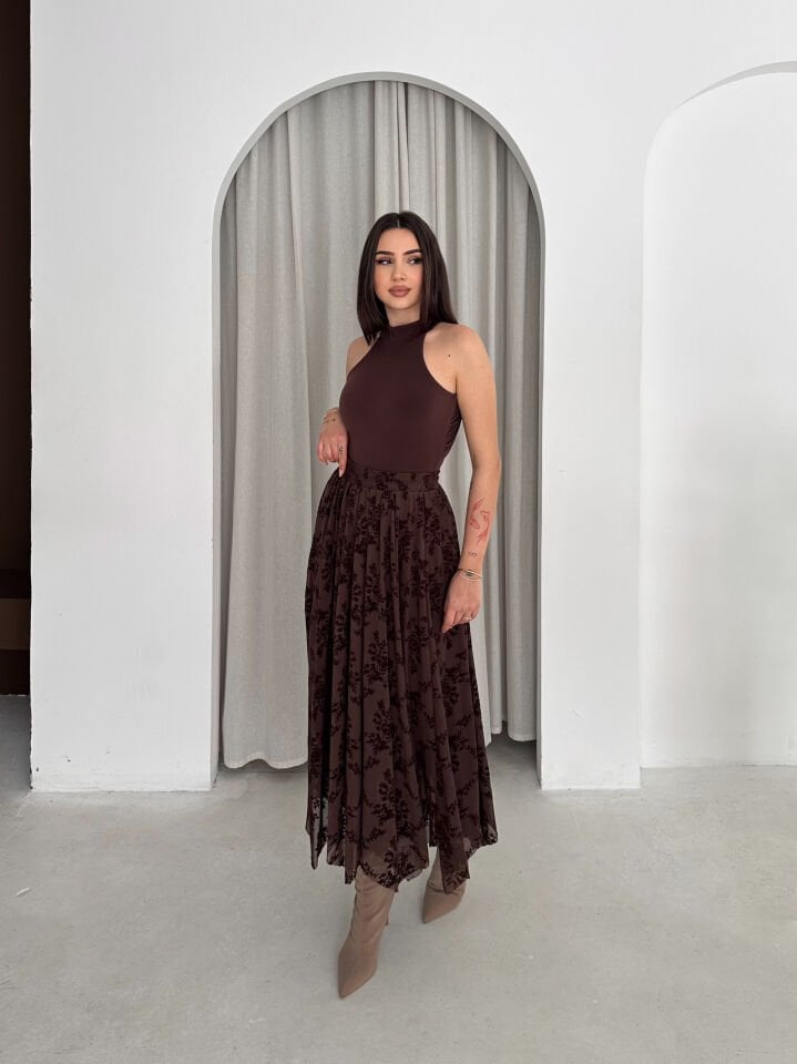 Kadın Günlük ve Tesettüre Uygun Uzun Basklı ve Likralı Uzun Tül Etek 2611 S - KAHVERENGİ