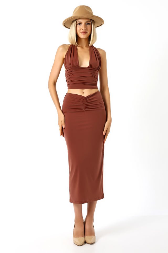 ÖN DRAPELİ UZUN ETEK 82 CM /ÖN BÜZGÜLÜ ETEK / DRAPED LONG SKIRT XL - AÇIK KAHVE