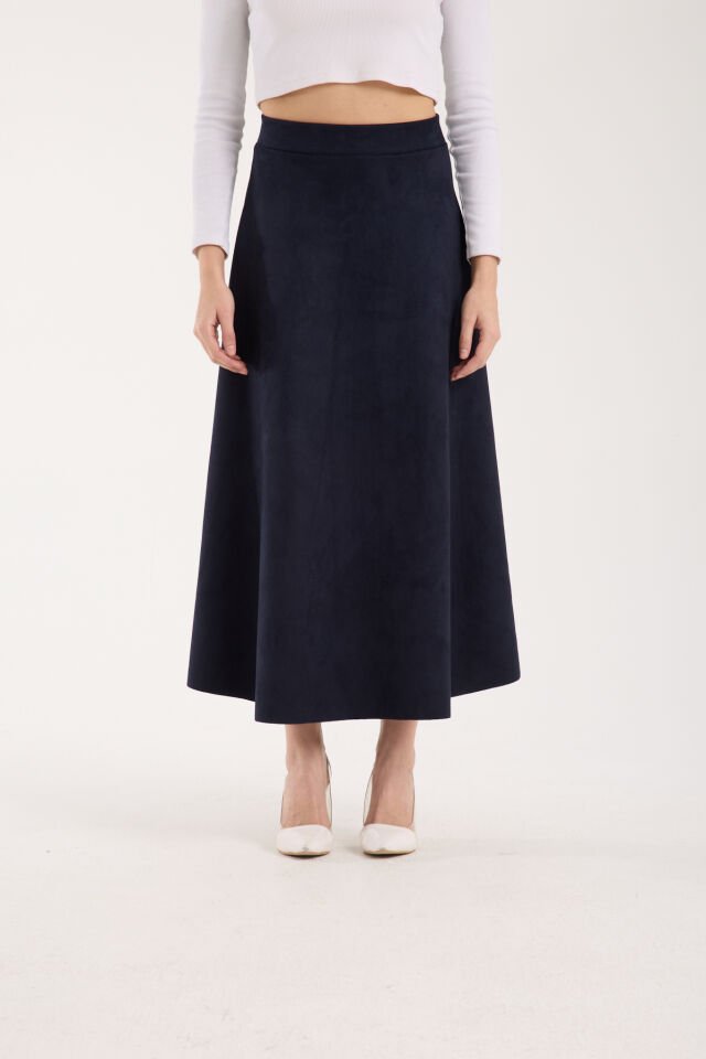 Kadın 90cm Uzun Tam Boy Kloş  Süet Etek 2426 S - LACİVERT