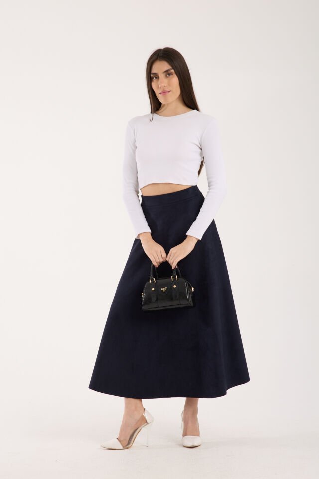 Kadın 90cm Uzun Tam Boy Kloş  Süet Etek 2426 S - LACİVERT