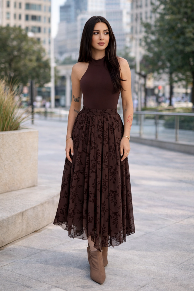 Kadın Günlük ve Tesettüre Uygun Uzun Basklı ve Likralı Uzun Tül Etek 2611 L - KAHVERENGİ