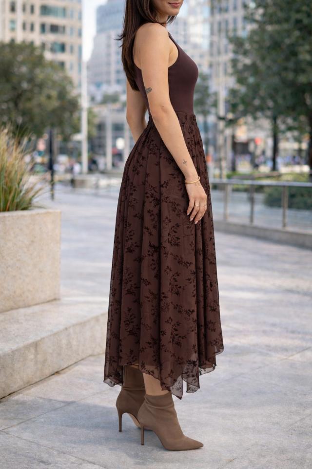 Kadın Günlük ve Tesettüre Uygun Uzun Basklı ve Likralı Uzun Tül Etek 2611 L - KAHVERENGİ