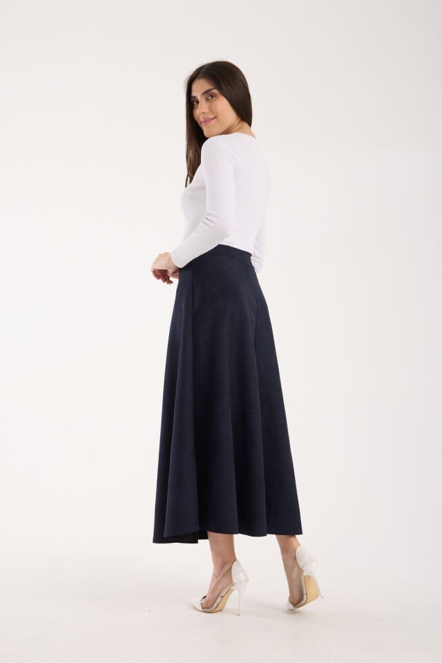 Kadın 90cm Uzun Tam Boy Kloş  Süet Etek 2426 L - LACİVERT