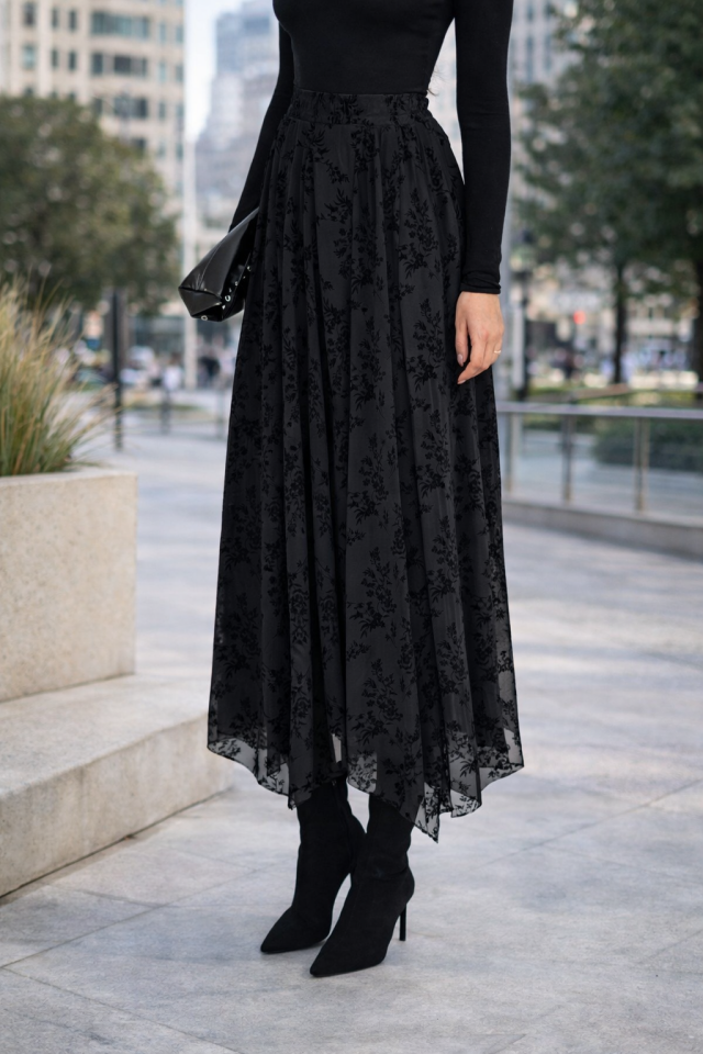 Kadın Günlük ve Tesettüre Uygun Uzun Basklı ve Likralı Uzun Tül Etek 2611 S - SİYAH