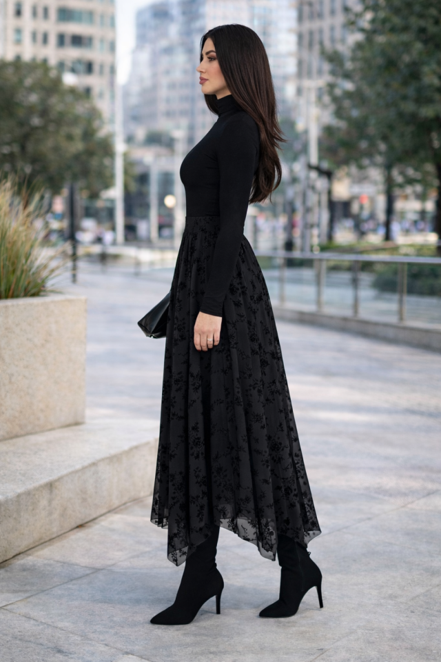 Kadın Günlük ve Tesettüre Uygun Uzun Basklı ve Likralı Uzun Tül Etek 2611 S - SİYAH