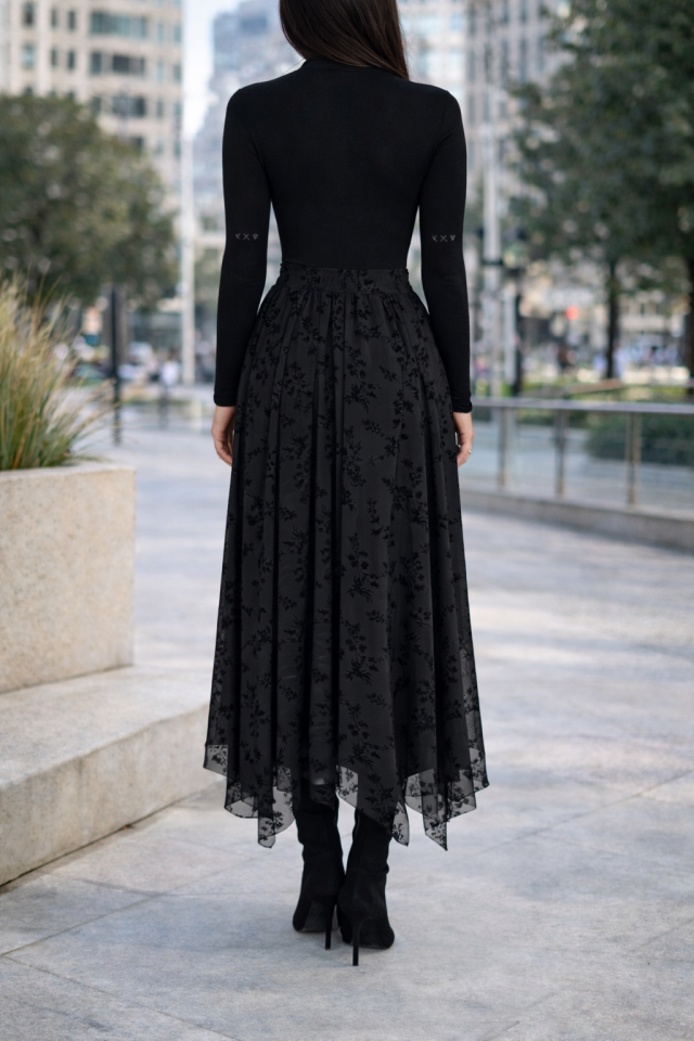 Kadın Günlük ve Tesettüre Uygun Uzun Basklı ve Likralı Uzun Tül Etek 2611 S - SİYAH